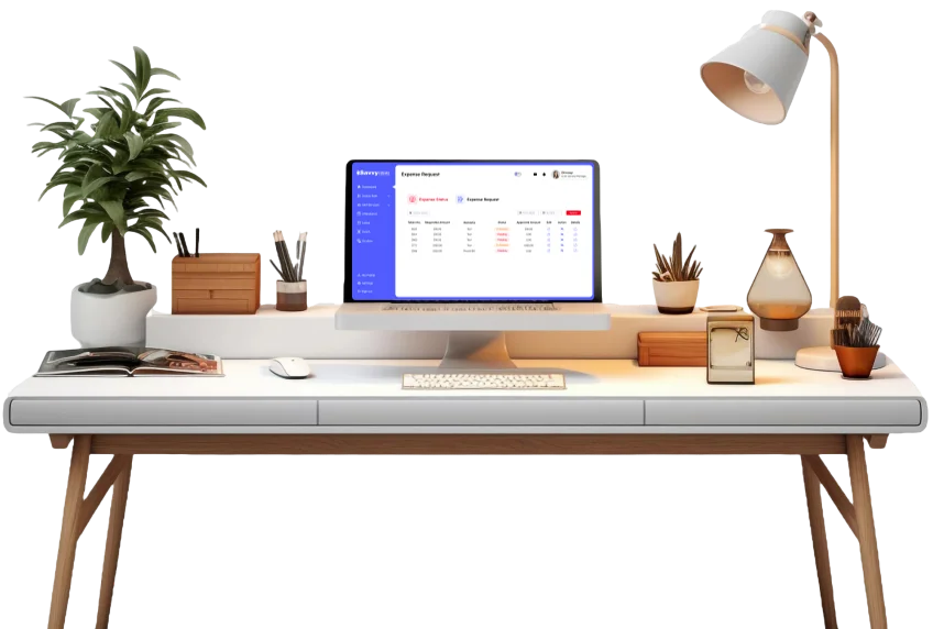 Recruitment Management Software 58 Modern home office desk workspace displaying a laptop with Recruitment Software interface, surrounded by plants, desk lamp, and organizational items for efficient recruitment management