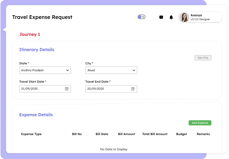 Screenshot of a travel management system interface for submitting a travel expense request, featuring fields for itinerary details such as state, city, travel start and end dates, and a section to add and view detailed expense items.