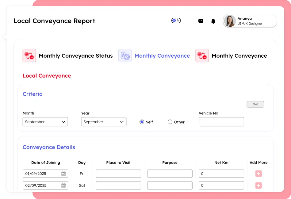 Screenshot of a travel management system's local conveyance report page, displaying a monthly conveyance status tab, criteria filters like month, year, and vehicle number, and a section for entering local travel details including dates, places, and purposes.