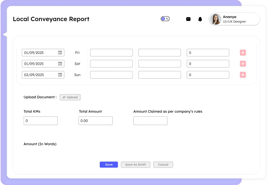 Screenshot of a local conveyance report form within a travel management system, featuring fields to input travel dates, travel purpose for each day, total kilometers, total amount, company-allowed claims, and an upload button for documents.