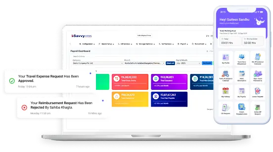 Savvy HRMS dashboard showing employee management, attendance tracking, payroll features, and mobile app interface